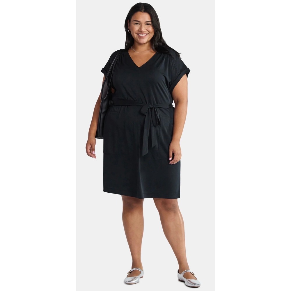 Time and Tru Women's Short Sleeve Belted Dress – Size 1X – Black - NEW With Tags